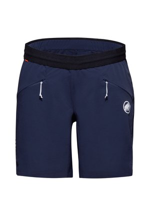 Shorts sportivi blu navy realizzati in tessuto leggero, con una vita elastica nera, tasche laterali con zip e un dettaglio con logo.