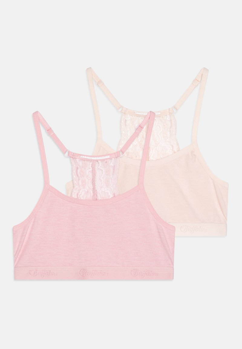 Pacote com dois soutiens, um em rosa claro e outro em bege, com alças ajustáveis e um detalhe em renda nas costas. Tecido macio e faixa elástica.