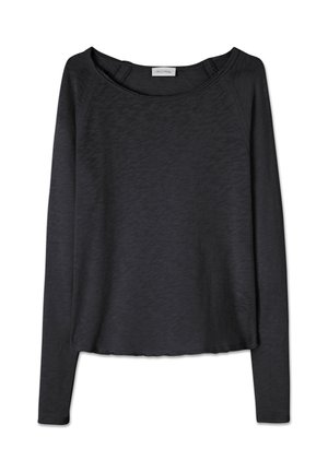 Chemise noire à manches longues avec encolure ronde, en tissu léger, présentée à plat sur fond blanc.