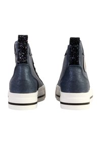 Blue synthetic high-top sneakers with a textured finish, glittery black accents on the heel, and a white sole featuring a black stripe.