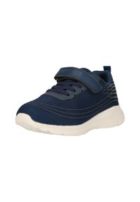 Marineblauwe kindersneaker met een bovenkant van mesh, elastische veters, verstelbare klittenbandsluiting en een witte, gevulde zool.