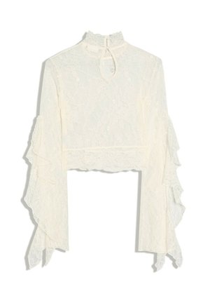 Bershka, MOCK NECK LACE WITH RUFFLE SLEEVES - T-SHIRT - Blouse - beige