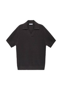 Polo shirt a maniche corte di colore grigio scuro in maglia, con un motivo testurizzato, colletto a V e orlo a coste. Vestibilità casual e materiale traspirante.
