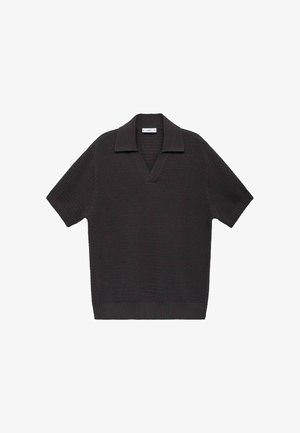 Dark gray short-sleeve knit polo shirt with a textured pattern, v-neck collar, and ribbed hem. Casual fit and breathable material.
