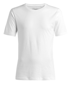 Hvid kortærmet T-shirt lavet af bomuld med en almindelig pasform og en rund halsudskæring. Glat tekstur, uden mønstre eller synlige detaljer.