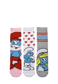 Tre paia di calzini: rosa con un Puffo blu, bianchi con cuori rossi e grigi con il logo dei Puffi e un personaggio Puffo dai capelli biondi.