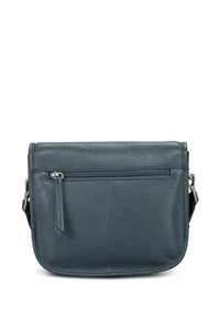 Sac bandoulière en cuir bleu ardoise avec deux compartiments zippés et une sangle réglable. Surface texturée avec un design minimaliste.