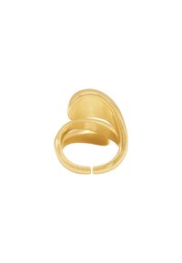 Anello color oro con una superficie liscia e lucida. Presenta un design fluido che si avvolge, con estremità aperte e curve arrotondate.