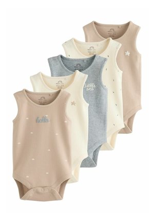 Five sleeveless ribbed baby bodysuits in beige, cream, and gray with small prints and embroidered words, laid overlapping in a fan shape.