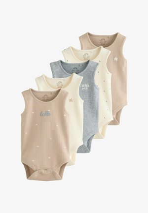 Cinq grenouillères sans manches côtelées pour bébé en beige, crème et gris avec de petits imprimés et des mots brodés, disposées en éventail en chevauchement.