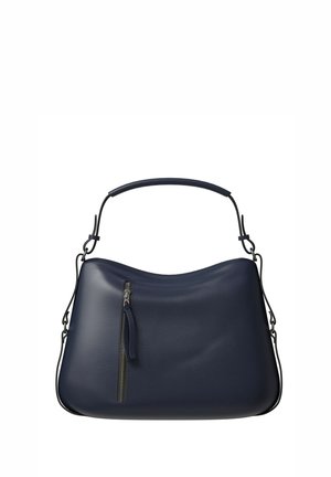 Navy blue leather handbag with top handle and vertical zipper pocket on front, featuring detachable shoulder strap hooks.