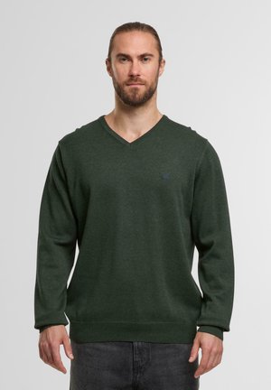 Green v-neck sweater in soft knit fabric, featuring long sleeves and a ribbed hem. Small logo detail on the chest in contrasting color.