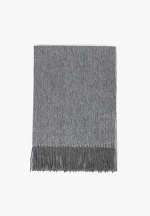 Szary wełniany szalik z frędzlami na końcach, miękką fakturą i prostokątnym kształtem, odpowiedni do warstwowego noszenia i zapewniający ciepło.
