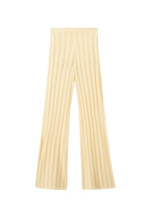 Cream-colored knitted trousers with vertical striped open-knit pattern and wide flared legs.