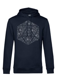 Marinblå hoodie med en hexagonal grafisk design som har intrikata vita mönster. Materialet är mjukt och har en snörning i huvan samt en känguruficka.