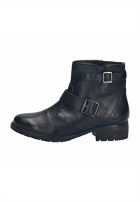 Stivale con caviglia in pelle nera, con punta arrotondata, zip laterale e una fascia decorativa con fibbia sul davanti. Superficie con texture e tacco basso.