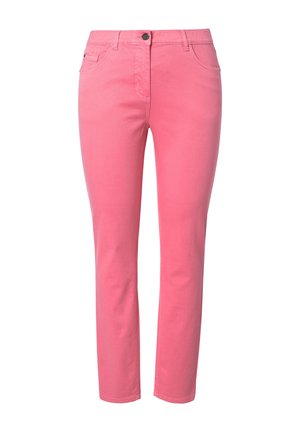 Roze vrouwenspijpen in slim-fit met knoop- en ritssluiting aan de voorkant, twee voorkantenzakken en riemlussen.