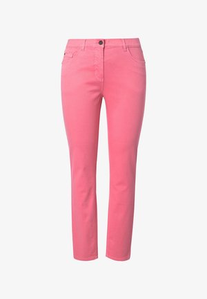 Roze vrouwenspijpen in slim-fit met knoop- en ritssluiting aan de voorkant, twee voorkantenzakken en riemlussen.