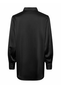 Black satin long-sleeve shirt with a collared neck, a smooth texture, and gathered cuffs, featuring a loose fit and minimalistic design.