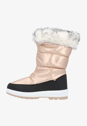 Kniehoge winterschoen met een glanzende roségouden bovenkant, zwarte onderkant, witte tussenzool en een nepbont kraag. Getextureerd, gewatteerd ontwerp.