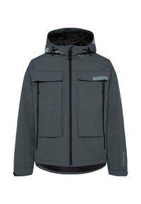 Szara kurtka z kapturem, zapinana na zamek, z dwiema dużymi kieszeniami na piersi i boczną kieszenią na zamek. Posiada czarne akcenty oraz detal logo na piersi.