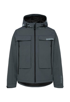 Graue Kapuzenjacke mit Reißverschluss auf der Vorderseite, zwei großen Brusttaschen und einer seitlichen Reißverschlusstasche. Mit schwarzen Akzenten und einem Logodetail auf der Brust.