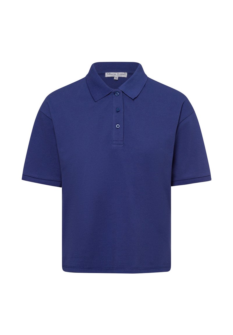 Marineblauwe katoenen polo met een klassieke kraag, een drieknoopssluiting, korte mouwen en een loose fit. Glad textuur en een minimalistisch ontwerp.