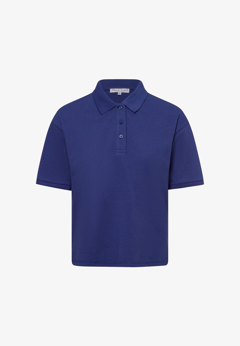 Marineblauwe katoenen polo met een klassieke kraag, een drieknoopssluiting, korte mouwen en een loose fit. Glad textuur en een minimalistisch ontwerp.