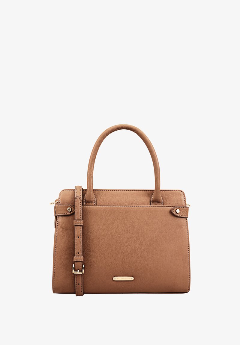 Bruine leren handtas met dubbele handvatten en een afneembare schouderriem. Gestructureerd ontwerp met gouden hardware en een logo plaat.