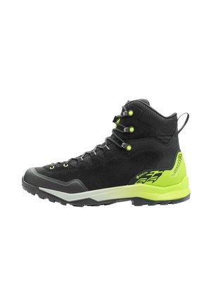 Black and neon green high-top hiking boot with laces, pull tab, and textured sole, featuring Gore-Tex branding on the side.
