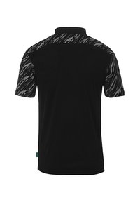 Polo noir avec col, présentant un motif abstrait texturé noir et gris sur les épaules et les manches.