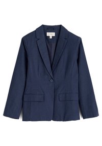 Navy blue blazer with a notched collar, single button closure, two front pockets, and a textured fabric. Tailored fit, long sleeves.