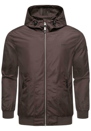 Braune, leichte Kapuzenjacke mit Frontreißverschluss, Reißverschlusstaschen an den Seiten, elastischen Bündchen und Kordelzügen an der Kapuze.