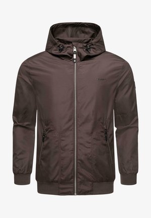 Brązowa lekka kurtka z kapturem, z przednim zamkiem błyskawicznym, zapinanymi na zamek bocznymi kieszeniami, elastycznymi mankietami i sznureczkami przy kapturze.