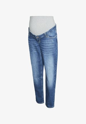 Jeans de maternidade em denim azul com uma cintura elástica cinza, ajuste reto e ligeiros detalhes de desgaste na parte da frente.