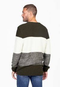 Maglione a righe verde scuro, bianco e grigio, con maniche lunghe e collo rotondo, che mostra un tessuto texturizzato. Indossato con dei jeans.