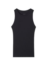 Débardeur noir à côtes avec un col rond et de larges bretelles, fabriqué en tissu extensible pour le confort et la liberté de mouvement.