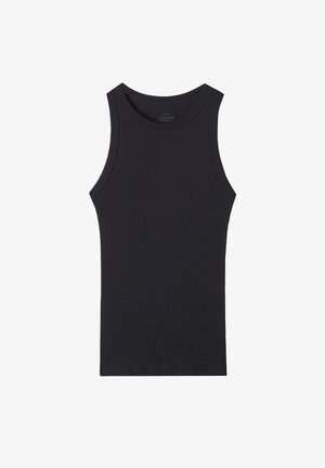 Zwarte geribde tanktop met een ronde halslijn en brede schouderbanden, gemaakt van rekbare stof voor comfort en bewegingsvrijheid.