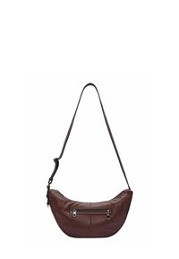 Brązowa torebka na ramię z zaokrąglonym kształtem, regulowanym paskiem i przednią kieszenią na zamek. Gładka faktura z minimalistycznymi ozdobami.