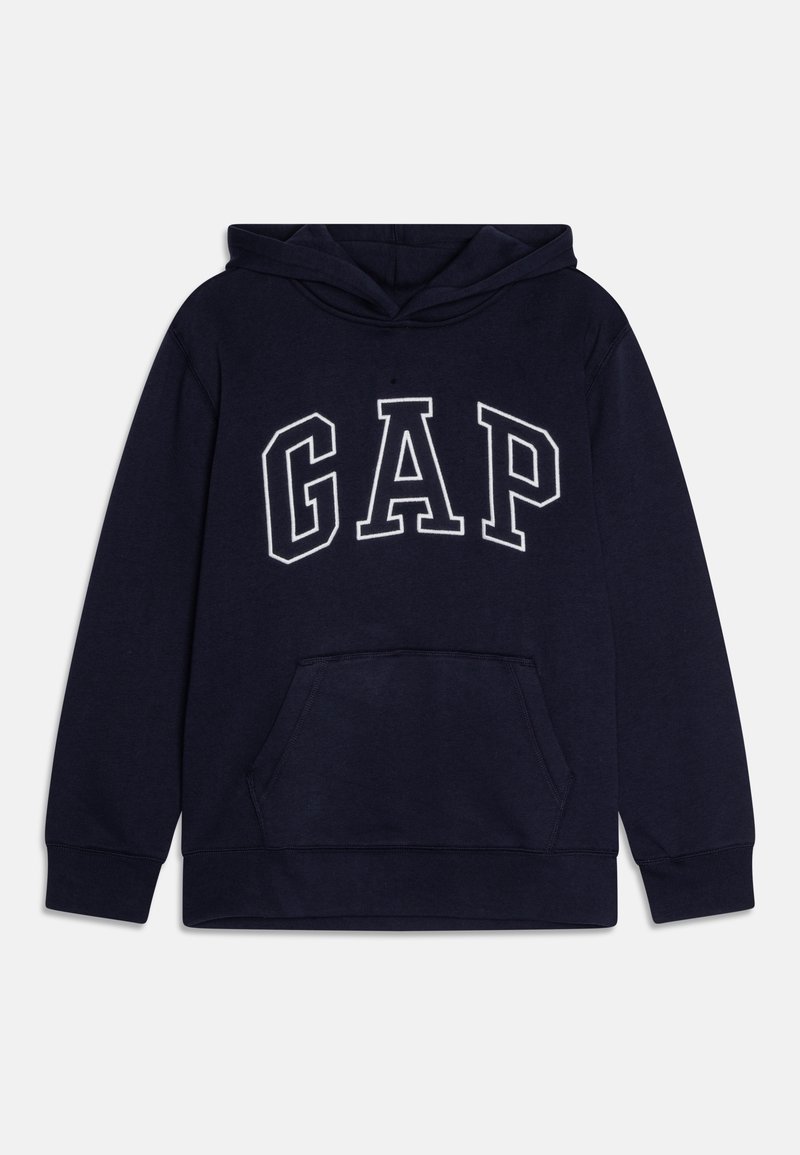 Sweat à capuche bleu marine en coton, avec une poche kangourou à l'avant et un grand logo blanc "GAP" traversant la poitrine.