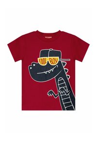 Rotes T-Shirt mit kurzen Ärmeln, das ein schwarzes Dinosaurier-Motiv zeigt, der gelbe Sonnenbrille trägt, mit dem Text "COOL BOY". Hergestellt aus Baumwollstoff.