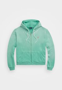 Světle zelená mikina s kapucí a zapínáním na zip, se šňůrkou na stažení a klokaními kapsami. Obsahuje žebrované manžety a malou logo akcentaci. Měkká směs bavlny.