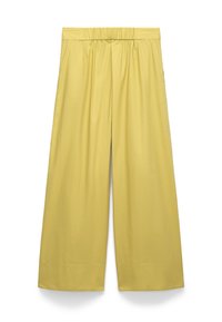 Yellow wide-leg pants with elastic waistband, smooth texture, and no visible pockets or embellishments.