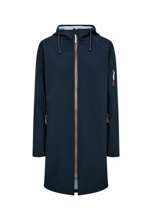 Tamsiai mėlynas gobtuvu lietpaltis su priekiniais užtrauktuku, ruda užtrauktuko juosta, gobtuvo raišteliais ir užtrauktuku kairėje rankovėje.