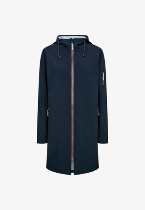 Marineblauer Regenmantel mit Kapuze, vorderem Reißverschluss, braunem Reißverschlussband, Kordelzugkapuze und Reißverschlusstasche am linken Ärmel.