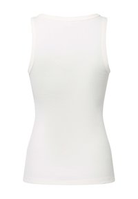Weißes geripptes Tanktop mit rundem Halsausschnitt und schmalen Trägern. Es zeichnet sich durch ein eng anliegendes Design und eine glatte Textur aus.