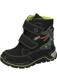 Czarne buty trekkingowe z zielonymi akcentami, rzepami, gumową podeszwą i grafiką smoka z boku. Wykonane z materiału syntetycznego z teksturowanym wierzchem.