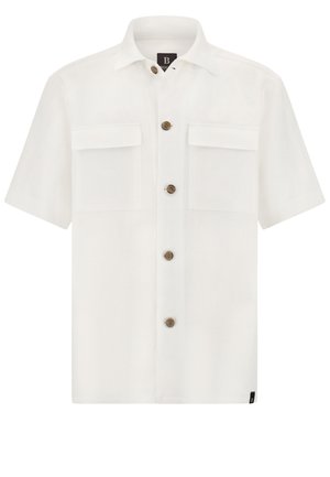 Camicia bianca a maniche corte realizzata in tessuto leggero, con colletto, due taschini sul petto e bottoni marroni.