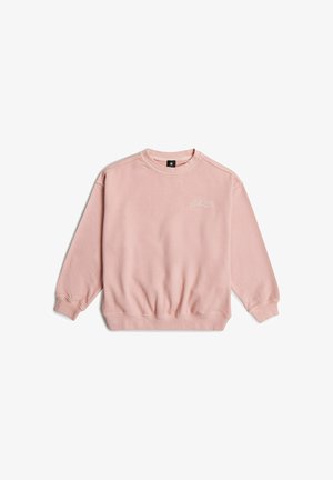Sweat-shirt rose à col rond avec manches longues et logo blanc discret sur la poitrine gauche, présenté à plat sur un fond blanc.