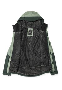 Grüne und schwarze isolierte Jacke mit Kapuze, strukturiertem schwarzen Futter mit feinem Muster und Markenetiketten auf der Innenseite.